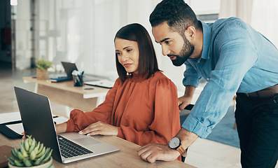 Image showing Business people, teamwork and advice on computer for office planning, project proposal and startup advice in marketing. Professional woman, manager or employees reading on laptop for website research