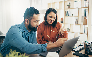 Image showing Coworking, couple in office and working together for planning remote work startup strategy online. Small business, man and woman at desk on laptop, networking email and web research at digital agency