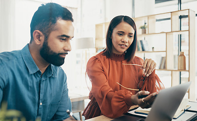 Image showing Business, couple and home office with laptop, working together and planning startup strategy online. Coaching, man and woman at desk with computer, research ideas and project review at digital agency