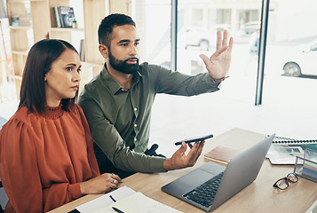 Image showing Team, invisible screen and business people on digital ui, futuristic and phone in startup office. Hands, man and woman press virtual touchscreen at desk on ux tech online, click app and collaboration