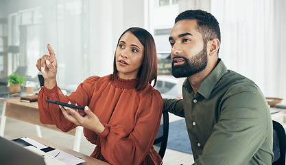 Image showing Team, invisible screen and business people press digital ui, futuristic and phone in startup office. Hand, man and woman on virtual touchscreen at desk on ar tech, click app and planning together