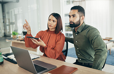 Image showing Invisible screen, team and business people on digital ui, futuristic and phone in startup office. Hands, man and woman press virtual touchscreen at desk on ux tech online, click app and collaboration