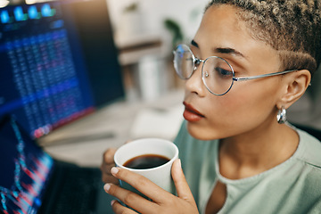 Image showing Woman, computer screen and statistics with coffee or thinking at office, stock market exchange or trading data. Professional female, drink or numbers reading investment, assessment or online profit