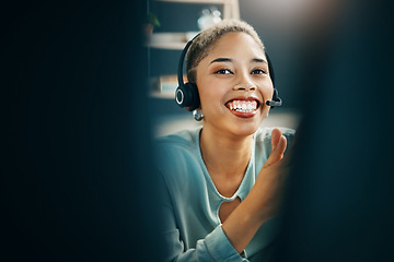 Image showing Happy customer service, computer and professional woman consulting for advisory, telecom or telemarketing sales pitch. Call center, lead generation or consultant smile for online support consultation