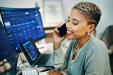 Image showing Woman, computer and statistics in office with smile for finance data, stock market growth or trading. Female, phone call and laptop for investment or online future saving business, economy or happy