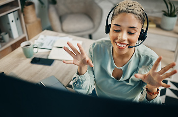 Image showing Call center, computer video call and business happy woman consulting for advisory, telecom or telemarketing. Customer care, financial advisor and agent on web conference, webinar or online meeting