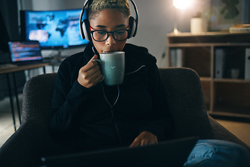 Image showing Hacker woman, coffee and night on laptop, thinking and ideas for cybersecurity, data phishing and ransomware. Programmer, dark room and sofa to drink matcha for it scam, software and coding research