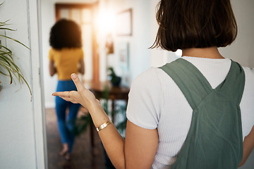 Image showing Lgbtq, women and couple with back in conflict, fight or problem in hallway or room of home and frustrated. Lesbian, people and partner with anger or stress in lounge of house for crisis or argument