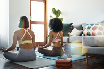 Image showing Yoga, meditation and friends in yoga online class in home, living room or women or streaming exercise and workout. Healthy, fitness and training with holistic learning for zen, wellness and peace