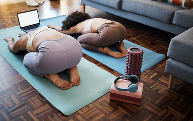 Image showing Stretching, friends and yoga online class in home, living room or lounge or streaming exercise and workout. Healthy, fitness and training with holistic on laptop for wellness in house or mockup