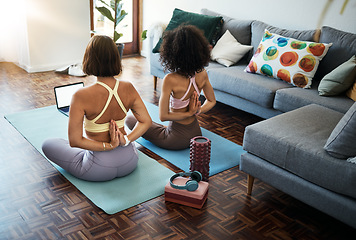 Image showing Friends, stretching and yoga online class in home, living room or lounge or streaming exercise and workout. Healthy, fitness and training with holistic sport or practice for wellness in house