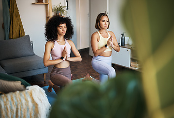 Image showing Friends, yoga and zen at home, meditate and peaceful for bonding and support. Calm people, wellness and health for flexibility, care and fitness in living room, strong core and namaste in soul