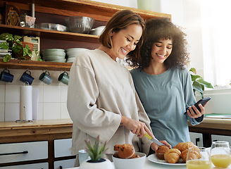 Image showing Lgbtq, couple and women with smartphone and cooking with happiness in kitchen for breakfast or nutrition in morning. Food, people and home with romance and lesbian or natural face for care or love