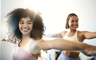 Image showing Women, fitness friends with stretching and yoga, happy at home with bonding and training together. Pilates, wellness and lens flare with exercise or workout, yogi team smile with self care and body