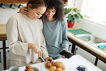 Image showing Lgbt, couple and cooking breakfast in kitchen together in morning with nutrition, love and support in home. Lesbian, women or friends with food, juice and preparing healthy diet on counter in house