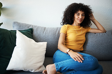 Image showing Woman, portrait and thinking on sofa with smile for peace, relaxing in living room apartment or house. Person, face and wellness for self care and zen with ideas, thoughts and inspiration in lounge