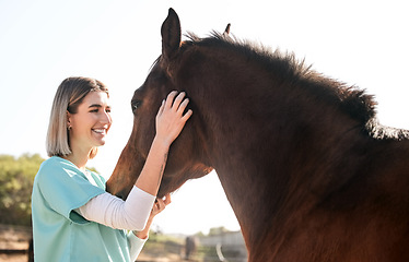 Image showing Veterinary, doctor and woman for horse for medical examination, research and health check. Healthcare, nurse and happy person on farm for inspection, wellness and animal care treatment on ranch