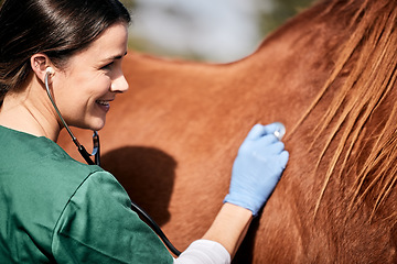 Image showing Vet, stethoscope and horse farm with wellness, healthcare and support with animal in countryside. Nurse, woman and helping with heart rate and monitoring outdoor with a smile and happy from nursing