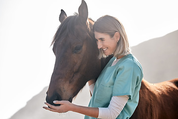 Image showing Horse doctor, care and smile outdoor at farm for health, care or happy with love for animal in nature. Vet, woman and equestrian healthcare expert in sunshine, countryside and helping for wellness