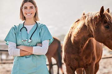 Image showing Horse doctor, portrait and woman with smile outdoor at farm for health, care or happy for love, animal or nature. Vet, nurse and equine healthcare expert in sunshine, countryside or help for wellness