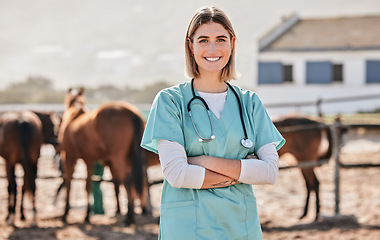 Image showing Happy horse vet, portrait and woman with arms crossed, care or smile for love, animal or nature at farm. Doctor, nurse and equine healthcare expert in sunshine, countryside and services for wellness