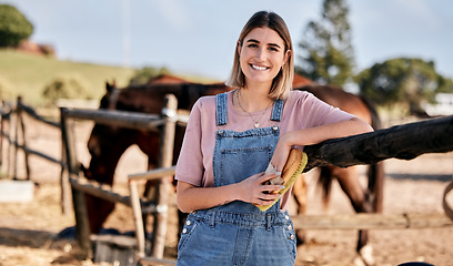 Image showing Horse, cleaning and portrait of woman with brush on ranch for animal care, farm pet and grooming in countryside. Farming, happy and person with stallion for wellness, healthy livestock and hygiene