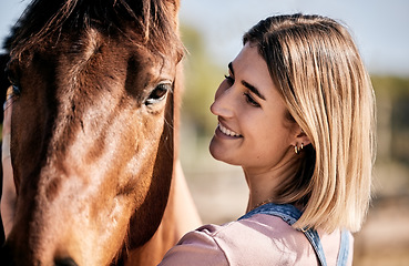 Image showing Face, smile for equestrian and a woman with her horse on a ranch for sports training, hobby or recreation. Fitness, stable and a happy young rider with her animal outdoor on a course for practice