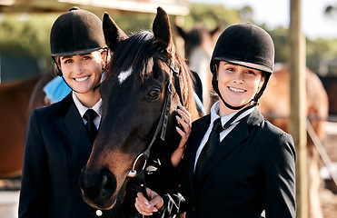 Image showing Equestrian women, friends and horse in portrait, smile and outdoor for sports, training and workout for show. Girl team, animal and happy at farm, stable and together for race, competition or games