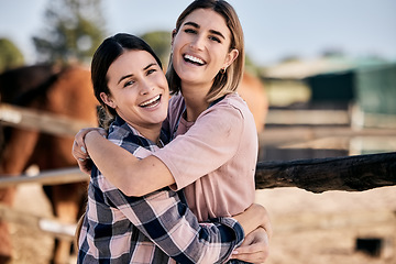 Image showing Horse, hug and portrait of women with saddle for animal care, farm pet and embrace on ranch. Farming, countryside and happy people with stallion livestock for bonding, relax and adventure outdoors