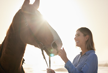 Image showing Woman, smile and horse in nature with lens flare for bonding and relax on farm, ranch or countryside. Animal, face and person feeling stallion for freedom, adventure or vacation in summer with care