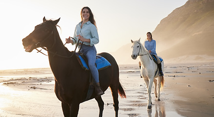 Image showing Woman, happy and horse riding with face at beach for bond, activity or self care on holiday. Female, friends or people on vacation by travel for relaxing, health or love at shore, mountains and sport