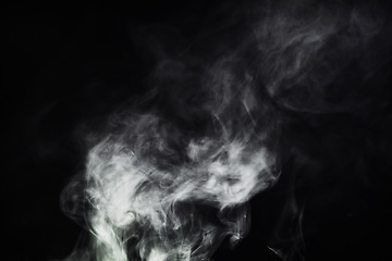 Image showing Smoke, vape and pattern on black background with creative texture, mockup and abstract art of gas or cloud design. Smoking, cigarette or fog for air pollution, warning or danger in empty dark studio