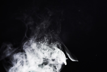 Image showing Smoke, dark background and mist, fog or gas on mockup space wallpaper. Cloud, smog and magic effect on black backdrop of steam with abstract texture, dry ice pattern or vapor of incense moving in air