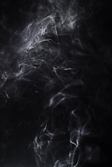 Image showing Abstract smoke, black background and mockup space with vapor, creative art and magic effect. Gloomy fog, dry ice or mystical swirl with special effects in studio, gas or smog with white puff by steam