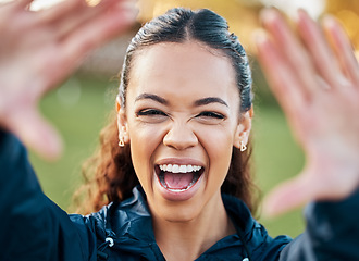 Image showing Selfie, face and an excited woman with energy outdoor for freedom or wellness on a blurred background in nature. Portrait, travel and adventure with a happy young person looking positive in summer