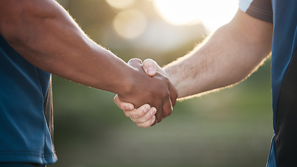 Image showing Handshake, partnership and trust, support and teamwork with congratulations or thank you. Introduction, success and people shaking hands for solidarity, welcome in community and collaboration meeting