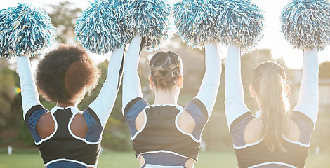 Image showing Back of cheerleader, sports and women on field for performance, dance and motivation for game. Teamwork, dancer and people in costume cheering for support in match, competition and event outdoors