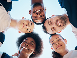 Image showing Cheerleader circle, portrait and face of happy team for sports competition support, huddle or group unity. Cheerleading synergy, below view and dancer solidarity, teamwork practice or fitness contest