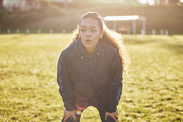 Image showing Sports woman, breathing and outdoor fitness workout training, health or cardio exercise motivation. Athlete health person, energy performance and tired race challenge, marathon runner or grass field