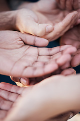 Image showing Hands open together, solidarity and community of charity, support or kindness with gratitude. Group of people with palm up, trust and care in helping hand, volunteering and hope for global diversity.