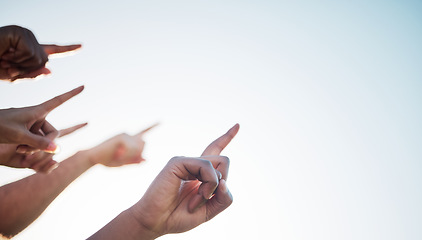 Image showing Fingers, closeup and pointing to sky mockup, collaboration and direction for climate change. Group of diverse hands, wellness, teamwork and solidarity for message in marketing, advertising or vision