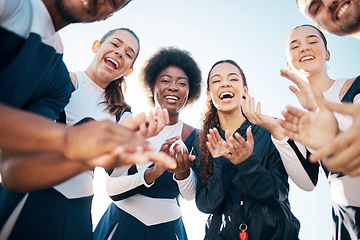 Image showing Cheerleader team portrait, applause or people excited for sports competition win, achievement or routine success. Cheerleading support, below view or dancer clap hands, celebrate or winner praise