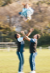 Image showing Cheerleader team, group toss and people doing sports competition routine, dance or throw person in air. Cheerleading training, action motion blur and dancer performance, teamwork practice or exercise