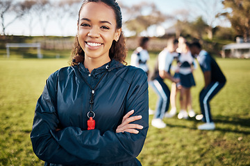 Image showing Coach, cheerleader and portrait of woman with team for sports training, exercise and workout. Fitness, teamwork and trainer with people for planning game performance, dance routine and competition