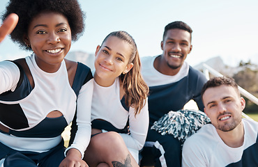 Image showing Cheerleader, sports and selfie portrait of people for performance, dance and smile for game. Teamwork, dancer and team take profile picture for social media in match, competition and event outdoors