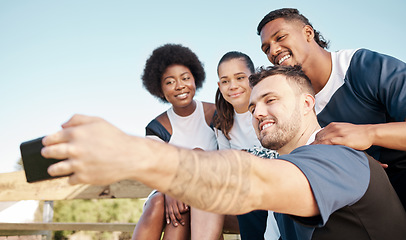 Image showing Cheerleader team, group selfie and happy people at sports competition, training workout or post photo to social media app. Cheerleading, photography and dancer teamwork, practice and picture together