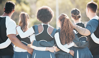 Image showing Cheerleader group, sports and people huddle for competition support, solidarity and audience watch game. Cheerleading, athlete team and dancer hug, back and crowd view contest, match or tournament