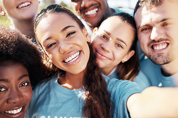 Image showing Selfie, smile and an eco friendly volunteer group outdoor together for climate change awareness. Portrait, charity or community with man and woman friends in nature to save our planet on earth day