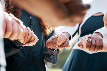 Image showing Cheerleader support, team holding hands and group prayer for help, care and community faith in sports contest solidarity. Cheerleading trust, athlete religion and closeup dancer pray for performance