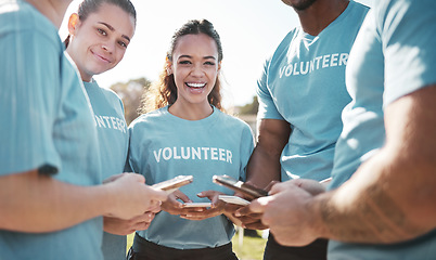 Image showing Volunteer, park and portrait of people with phone for social media, online chat and charity website update. Community service, teamwork and happy ngo group on smartphone outdoor for cleaning litter